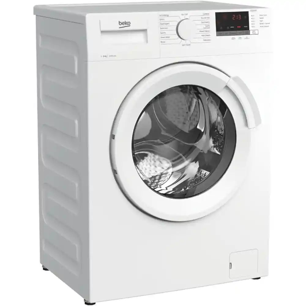 Beko 8kg 1400rpm white front-loading washing machine with digital display, RecycledTub technology, and door open showing drum interior