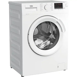 Beko 8kg 1400rpm white front-loading washing machine with digital display, RecycledTub technology, and door open showing drum interior