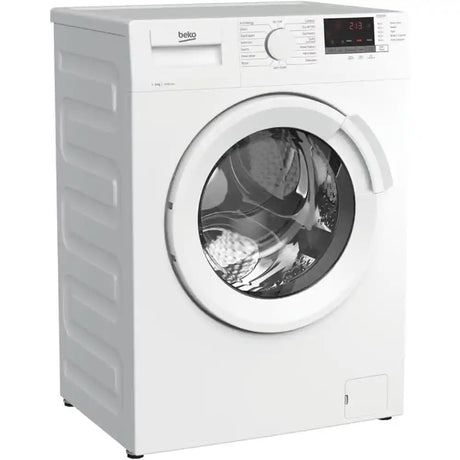 Beko 8kg 1400rpm white front-loading washing machine with digital display, RecycledTub technology, and door open showing drum interior