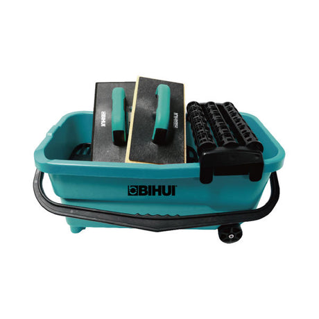 Bihui turquoise plastic tiling tool bucket set containing two green-handled tile grout floats with grey backing boards and black grout sponge tools, featuring black handles and wheels for mobility