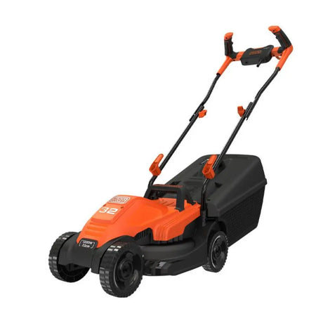 Black and Decker electric lawnmower with 32cm cutting width, featuring orange and black plastic body, two black wheels, black grass collection bag, and dual orange handle bars with control switches, 1200W 240V model BEMW451
