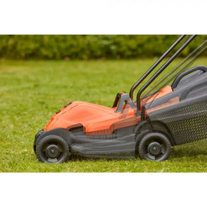 Black and Decker electric lawnmower with orange and black body, 32cm cutting width, shown on green grass with handles raised