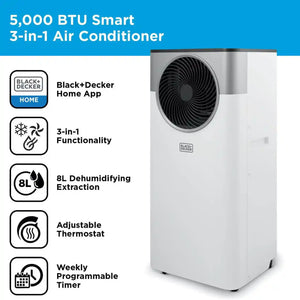 Black and Decker 5000 BTU Smart 3-in-1 portable air conditioner unit in white with black circular fan grille, showing product features including Black+Decker Home App control, 3-in-1 functionality, 8L dehumidifying extraction, adjustable thermostat, and weekly programmable timer