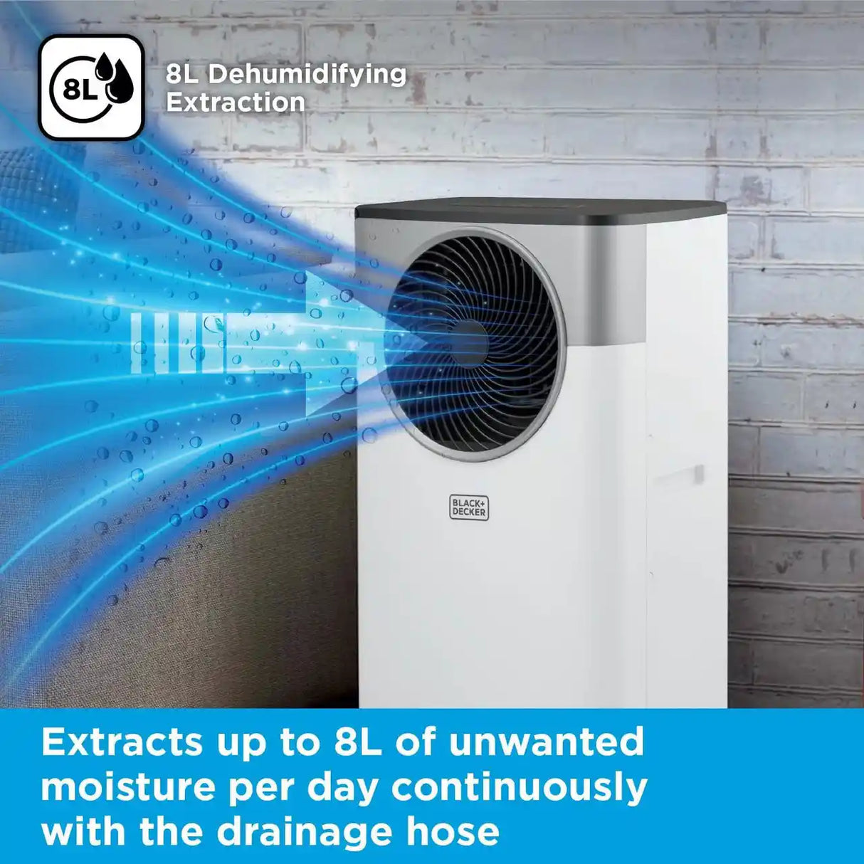 Black and Decker white portable air conditioner unit with 8L dehumidifying extraction capacity, featuring black fan vents and drainage hose, shown against white brick wall with blue moisture extraction visualization graphics