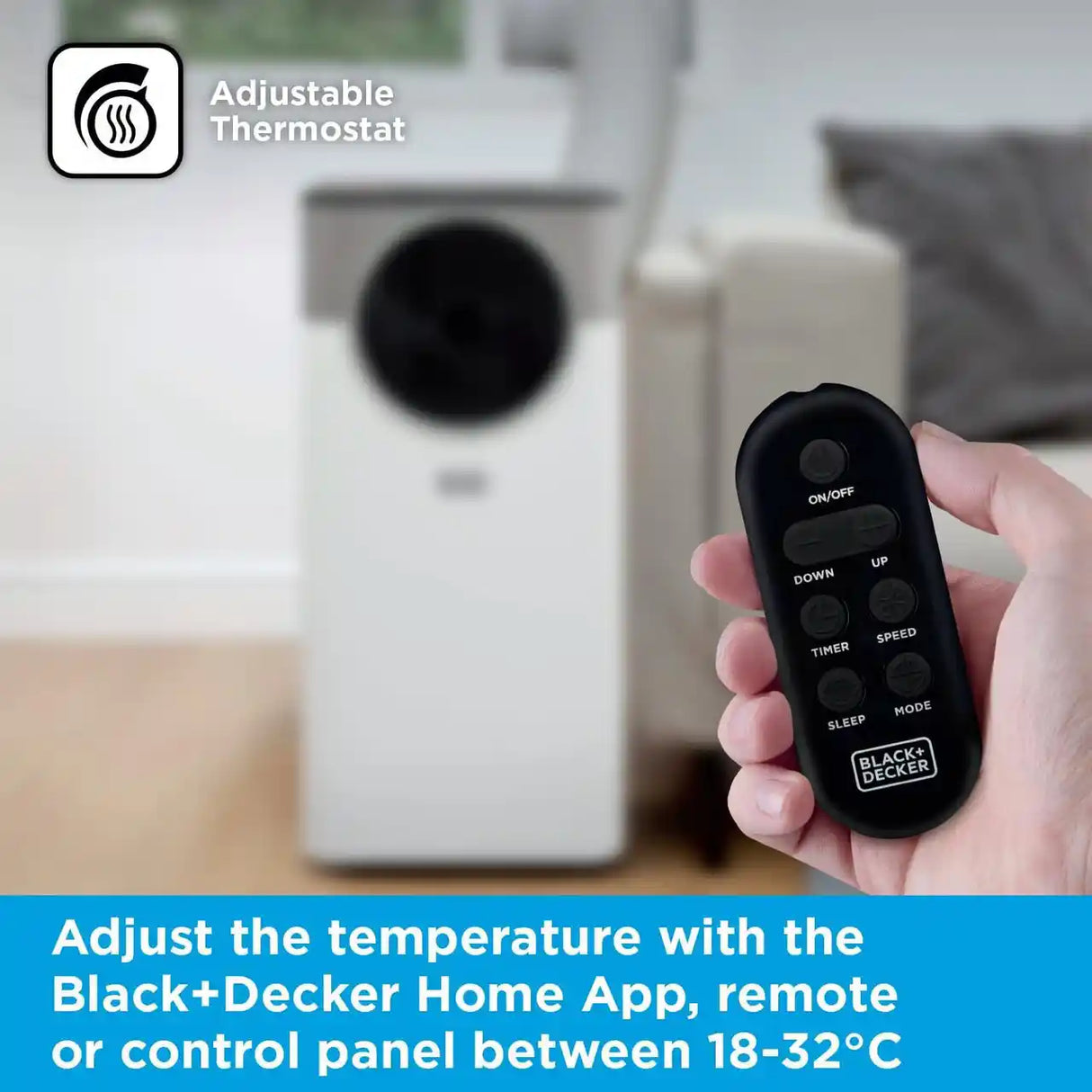 Black and Decker portable air conditioner unit with adjustable thermostat, white tower design shown with black remote control displaying ON/OFF, temperature up/down, timer, speed, sleep and mode buttons, temperature range 18-32°C