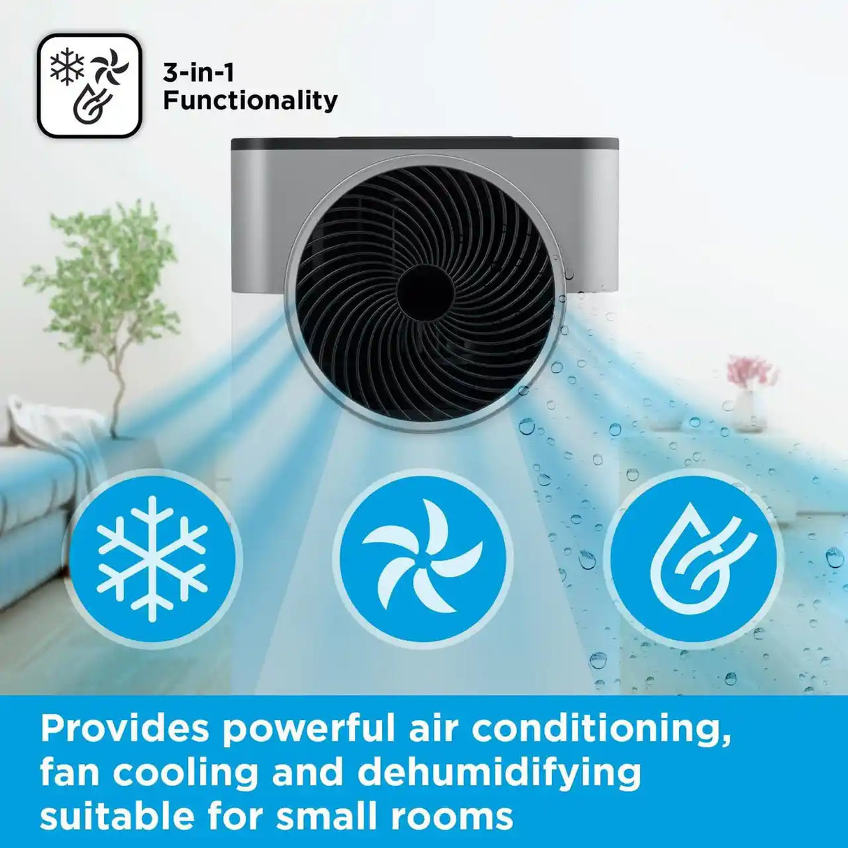 Black & Decker 5000 BTU portable air conditioner unit in white and grey with 3-in-1 functionality showing cooling, fan and dehumidifying capabilities, displayed with blue air flow visualization in a modern room setting
