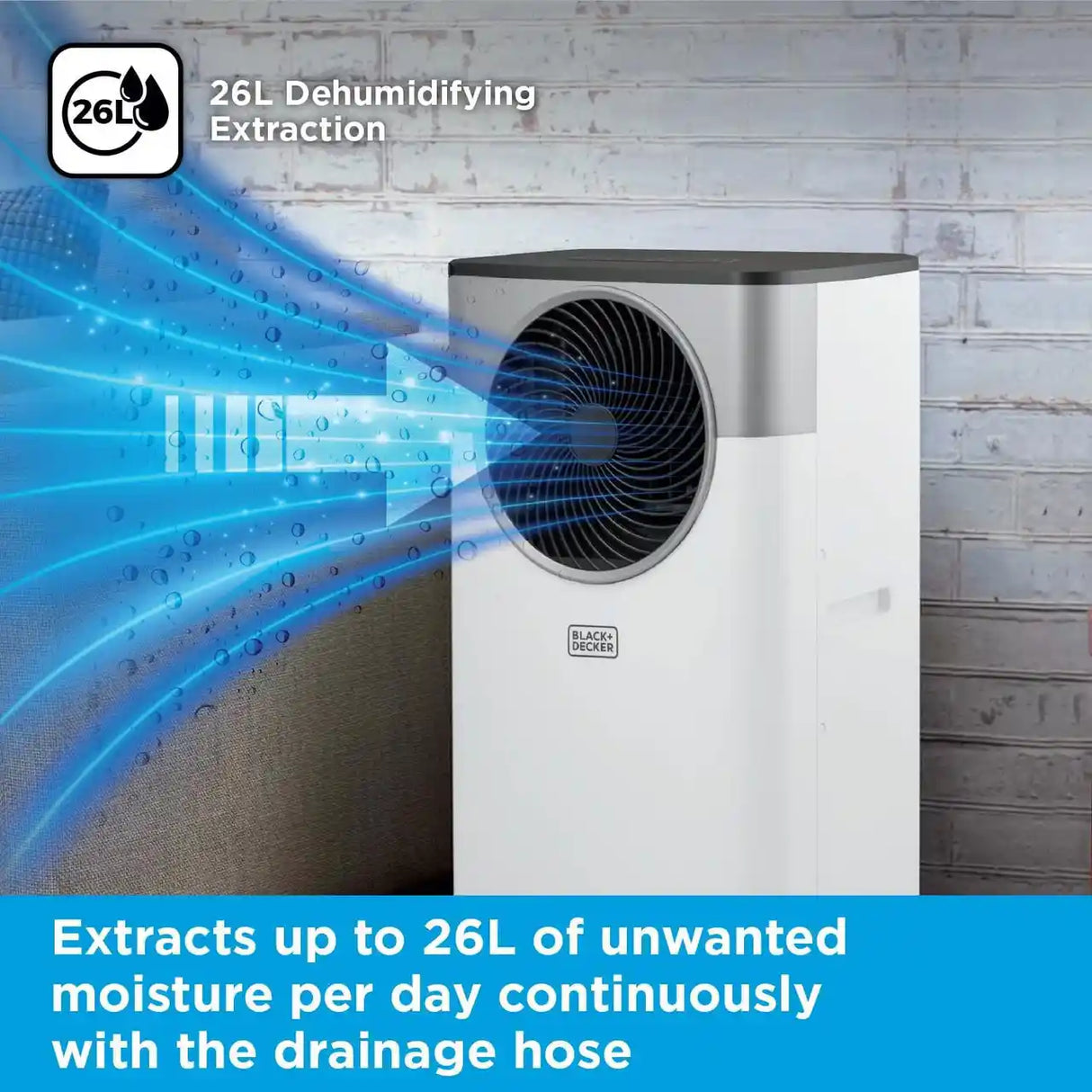 Black and Decker 26L dehumidifying portable air conditioning unit in white with black fan grille, showing moisture extraction capability and drainage hose system against white brick background