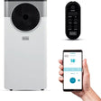 Black and Decker portable air conditioner unit in white with black fan grille, shown alongside black remote control and smartphone app displaying 18 degrees temperature setting