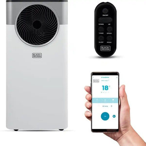 Black and Decker portable air conditioner unit in white with black fan grille, shown alongside black remote control and smartphone app displaying 18 degrees temperature setting