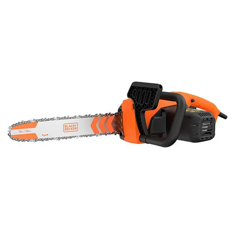 Black and Decker BECS2040 electric chainsaw with 40cm bar and orange and black body featuring dual handles on white background