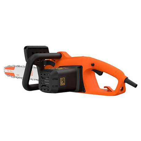 Black and Decker BECS2040 electric chainsaw with orange housing and black grip, 40cm guide bar and 2000W motor, 240V corded model shown against white background