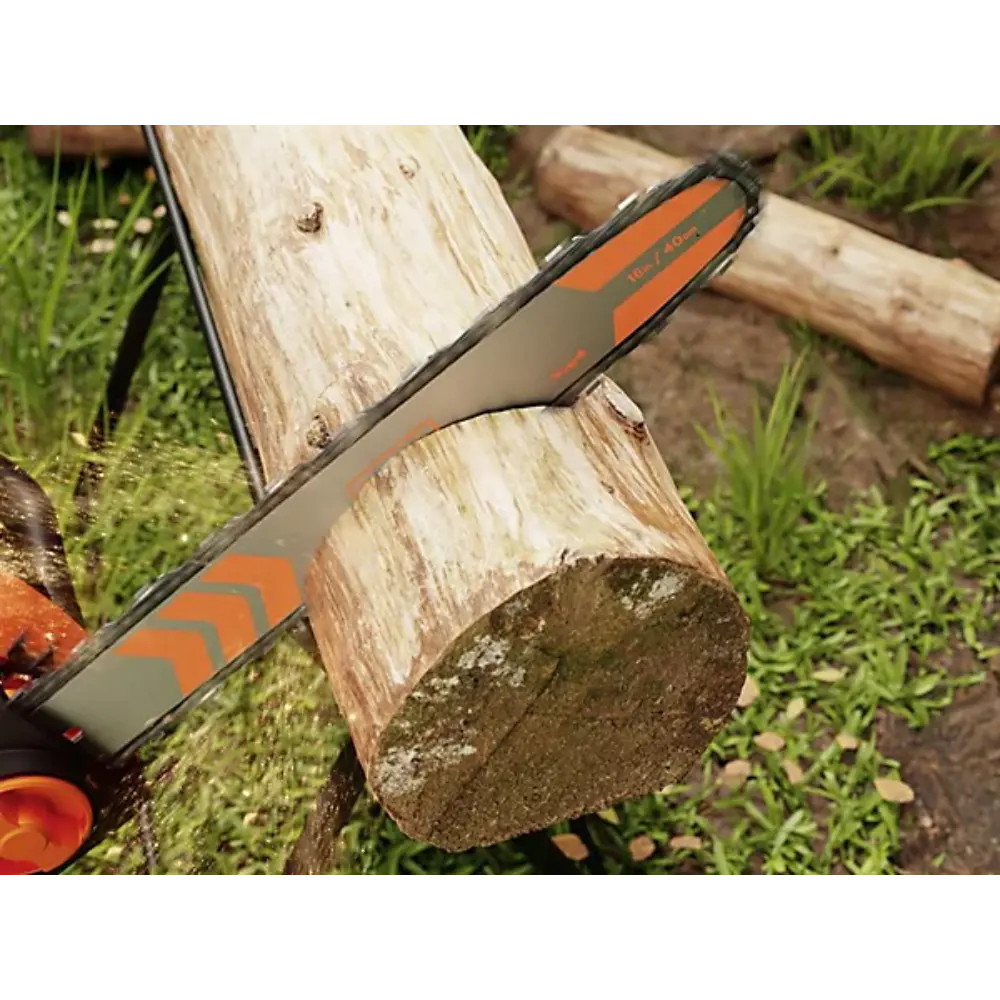 Black & Decker BECS2040 electric chainsaw with orange and black casing cutting through a wooden log on grass, showing the 40cm bar and blade in action