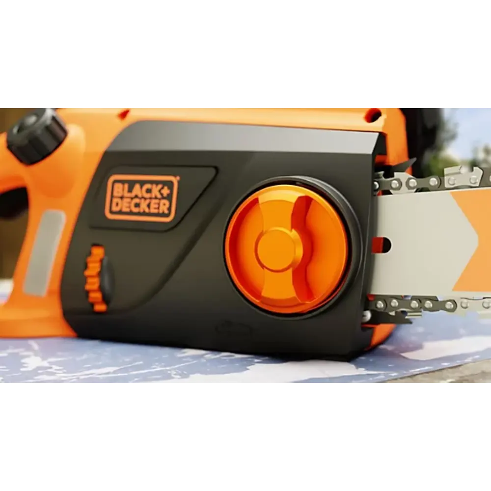 Black and Decker BECS2040 electric chainsaw with 40cm bar, featuring orange and black body, prominent orange circular chainsaw blade guard, and silver metal chain visible on right side
