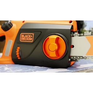 Black and Decker BECS2040 electric chainsaw with 40cm bar, featuring orange and black body, prominent orange circular chainsaw blade guard, and silver metal chain visible on right side