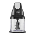Ninja Professional Stackable Chopper 200W NJ1002UKBK with black motor housing, white lid, and clear glass bowl featuring measurement markings and central chopping blade mechanism