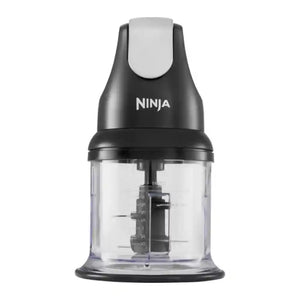 Ninja Professional Stackable Chopper 200W NJ1002UKBK with black motor housing, white lid, and clear glass bowl featuring measurement markings and central chopping blade mechanism