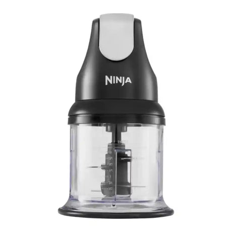 Ninja Professional Stackable Chopper 200W NJ1002UKBK with black motor housing, white lid, and clear glass bowl featuring measurement markings and central chopping blade mechanism
