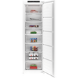 Blomberg 177cm tall fully integrated frost free freezer with white finish and stainless steel handle, displaying multiple compartments filled with frozen foods including meat, vegetables, ice cream and packaged items, door open showing interior organization