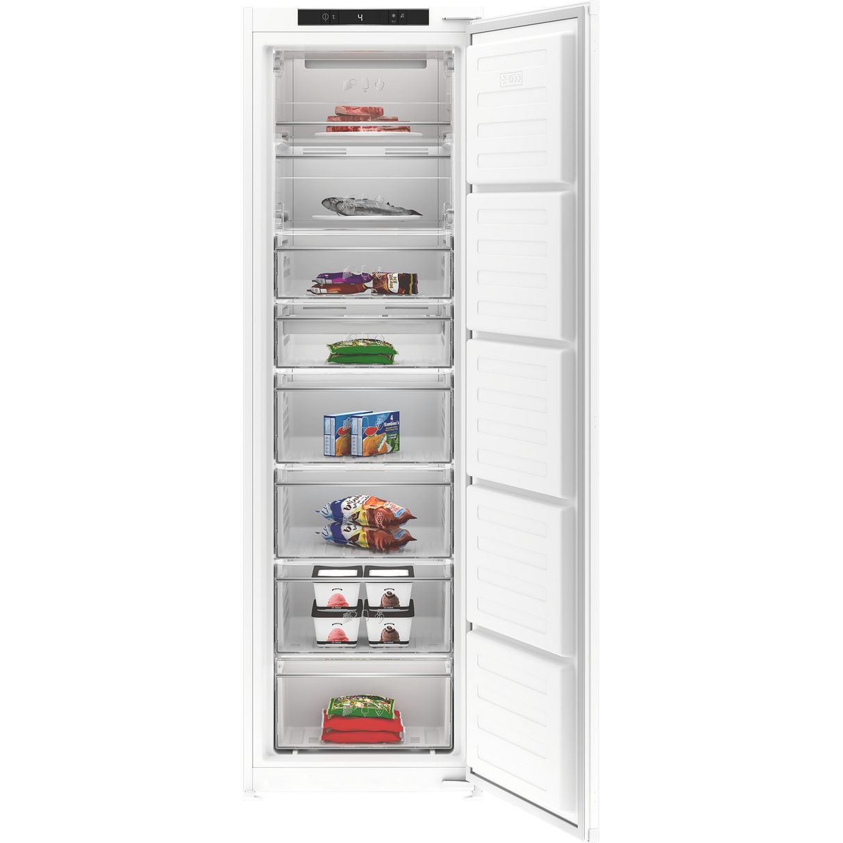 Blomberg 177cm tall fully integrated frost free freezer with white finish and stainless steel handle, displaying multiple compartments filled with frozen foods including meat, vegetables, ice cream and packaged items, door open showing interior organization