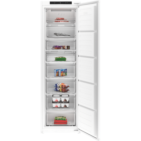Blomberg 177cm tall fully integrated frost free freezer with white finish and stainless steel handle, displaying multiple compartments filled with frozen foods including meat, vegetables, ice cream and packaged items, door open showing interior organization