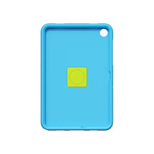 Blue silicone protective case for Samsung Galaxy Tab A11+ tablet with yellow square kickstand element and circular grip detail, featuring rounded edges and front-facing camera cutout