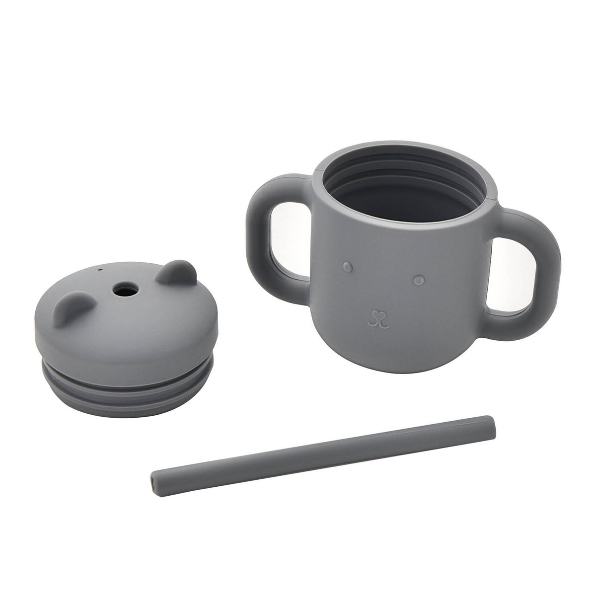 Gray children's cup with handles, lid, and straw on a white background