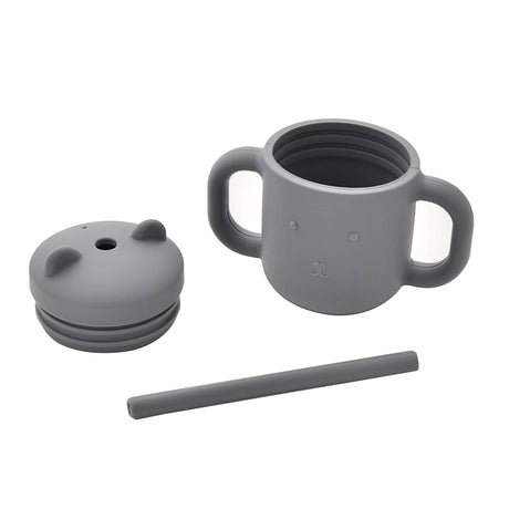 Gray children's cup with handles, lid, and straw on a white background