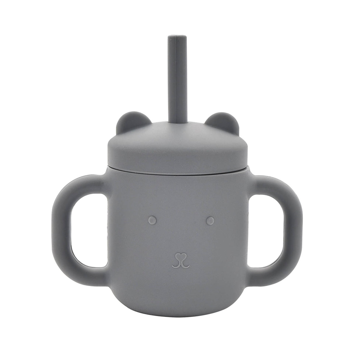 Grey silicone sippy cup with dual handles, bear ear design on lid, and straw for toddlers