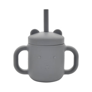 Grey silicone sippy cup with dual handles, bear ear design on lid, and straw for toddlers