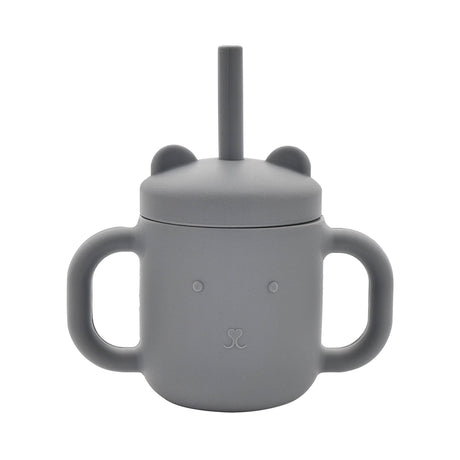 Grey silicone sippy cup with dual handles, bear ear design on lid, and straw for toddlers