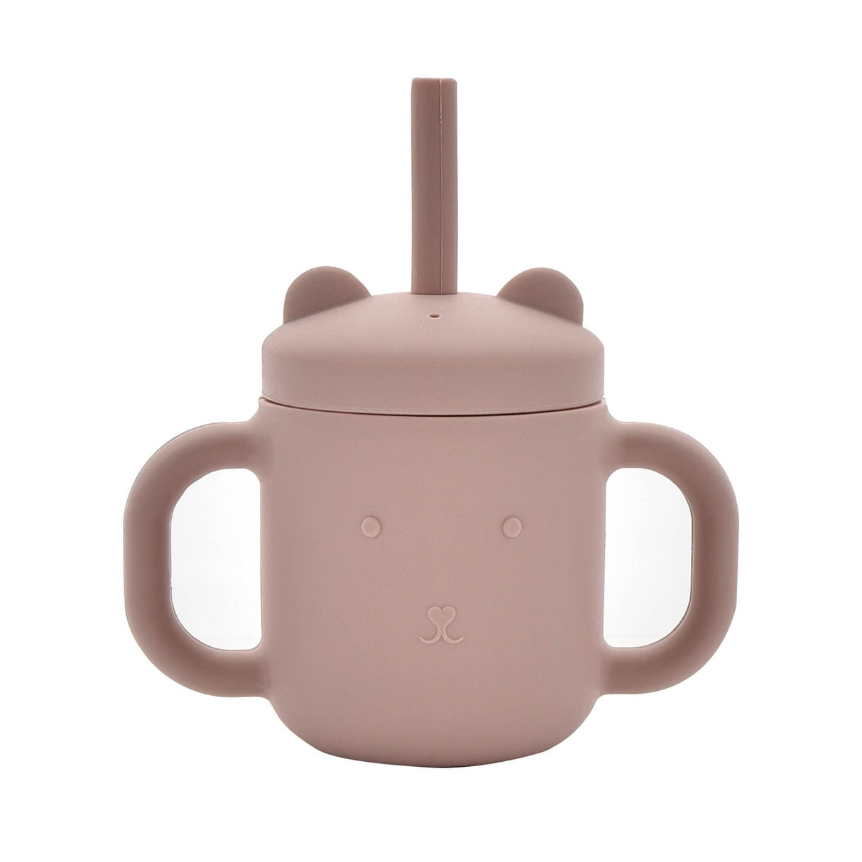 Pink silicone sippy cup with bear ears design, dual handles, and drinking straw for toddlers