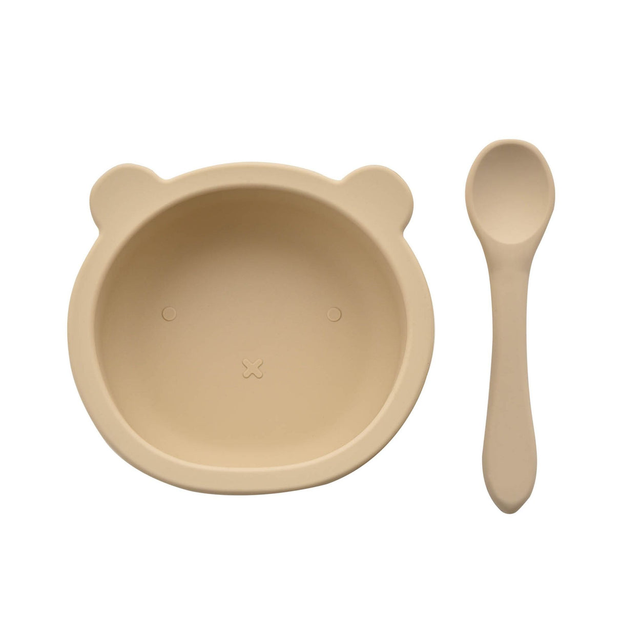 Beige silicone feeding set for babies featuring a round bear-shaped bowl with cute facial details and a matching soft-grip spoon, displayed on white background