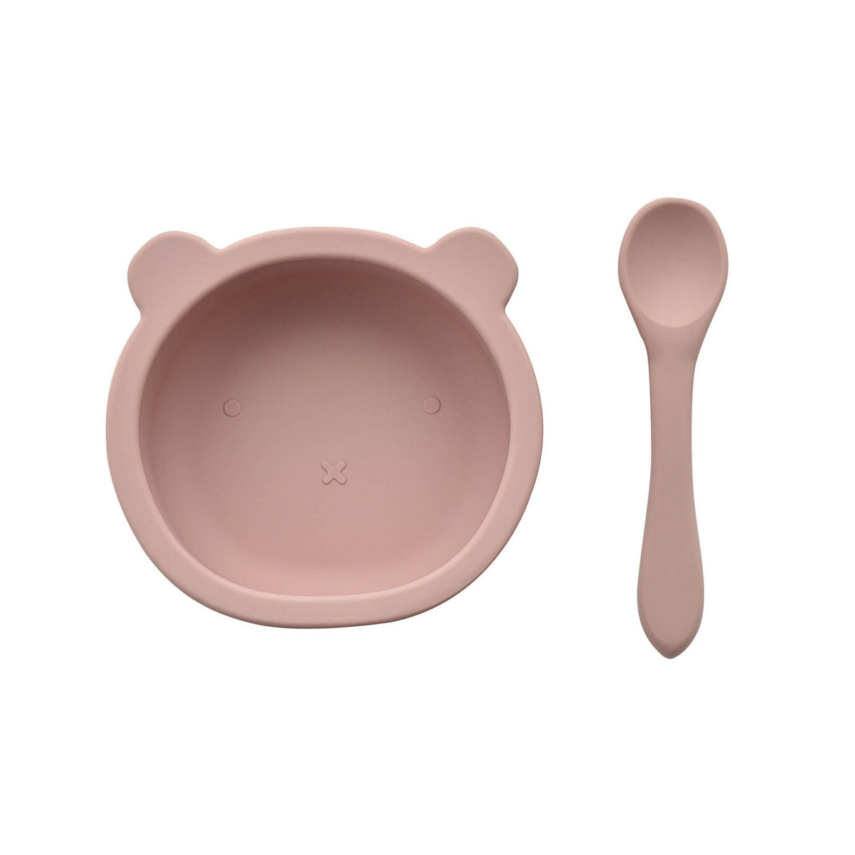 Pink silicone feeding set including bear-shaped bowl with suction cups and matching spoon for babies and toddlers
