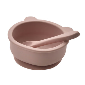 Bambino silicone feeding bowl and spoon set in blush pink with suction cup base and animal ear design for babies