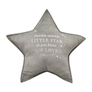 Star-shaped pillow with text on a white background