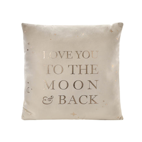 Cream velvet square cushion with embroidered text reading "Love You To The Moon & Back" and decorative star and crescent moon motifs, 40cm Bambino design