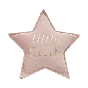 Pink star-shaped pillow with 'little STAR' text on a white background