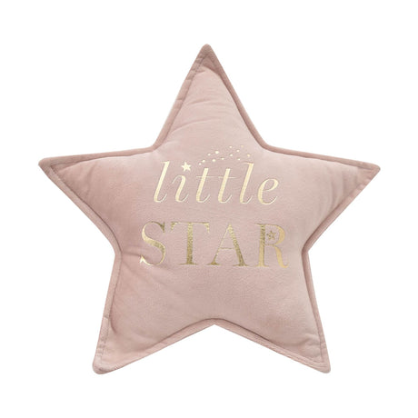 Pink star-shaped pillow with 'little STAR' text on a white background