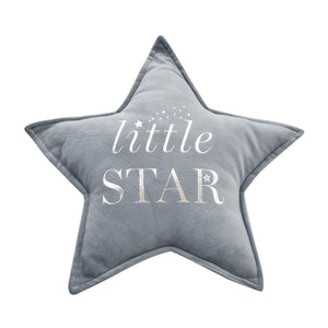 Star-shaped pillow with 'little star' text on a white background