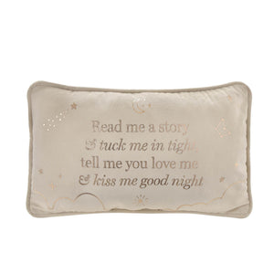 Decorative pillow with embroidered text on a white background
