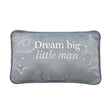 Gray pillow with 'Dream big little man' text and star designs on a white background