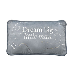 Gray pillow with 'Dream big little man' text and star designs on a white background