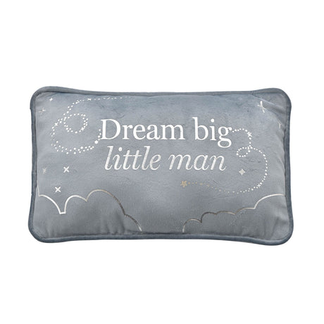 Gray pillow with 'Dream big little man' text and star designs on a white background