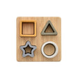 Wooden shape sorting toy with square, triangle, star, and circle cutouts on a white background