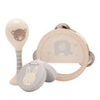 Set of baby toys including a rattle, maraca, and tambourine with animal designs on a white background.