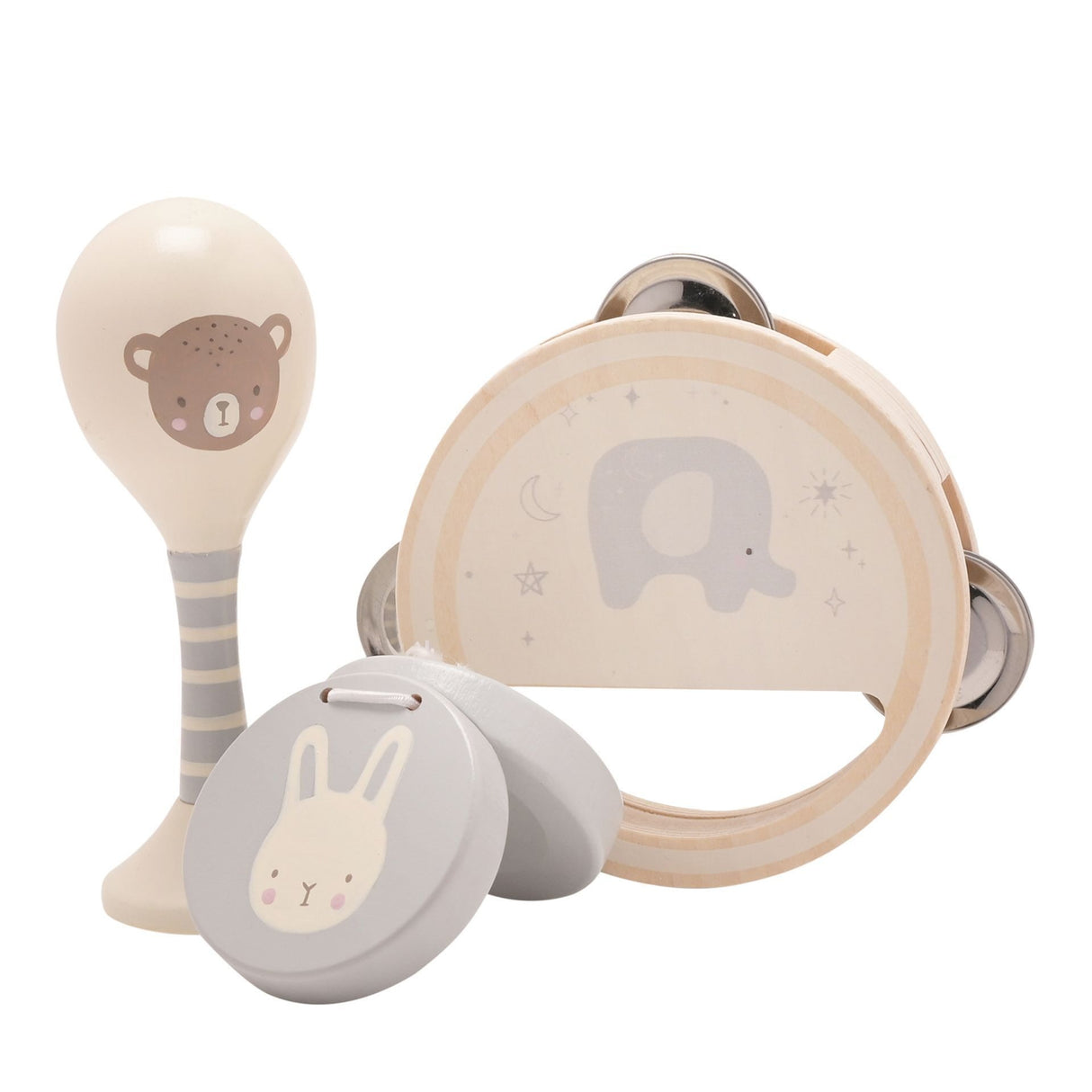Set of baby toys including a rattle, maraca, and tambourine with animal designs on a white background.