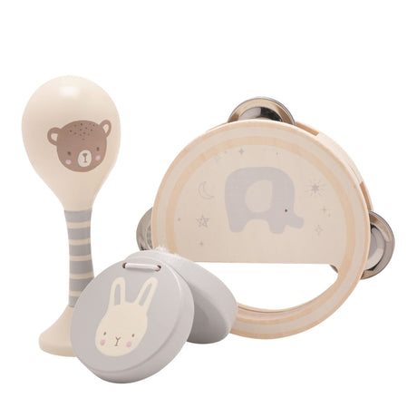 Set of baby toys including a rattle, maraca, and tambourine with animal designs on a white background.