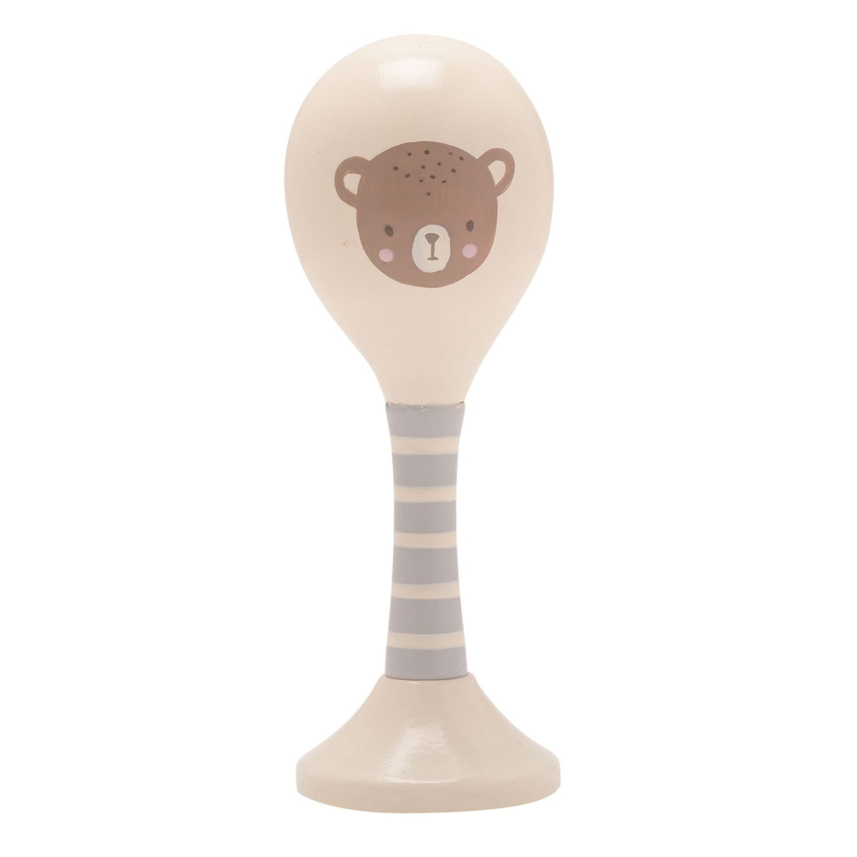 Bambino wooden baby rattle with cute brown bear face design, cream and grey striped handle, and suction cup base for sensory play