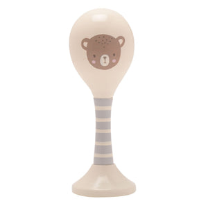 Bambino wooden baby rattle with cute brown bear face design, cream and grey striped handle, and suction cup base for sensory play