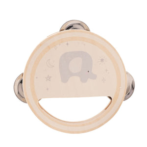 Bambino wooden 3pc music set featuring a natural wood rattle with chrome handles, decorated with a grey elephant and celestial moon and star design